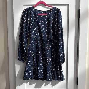 Francesca's Collections Blue and White Fit and Flare Dress with Bishop Sleeves